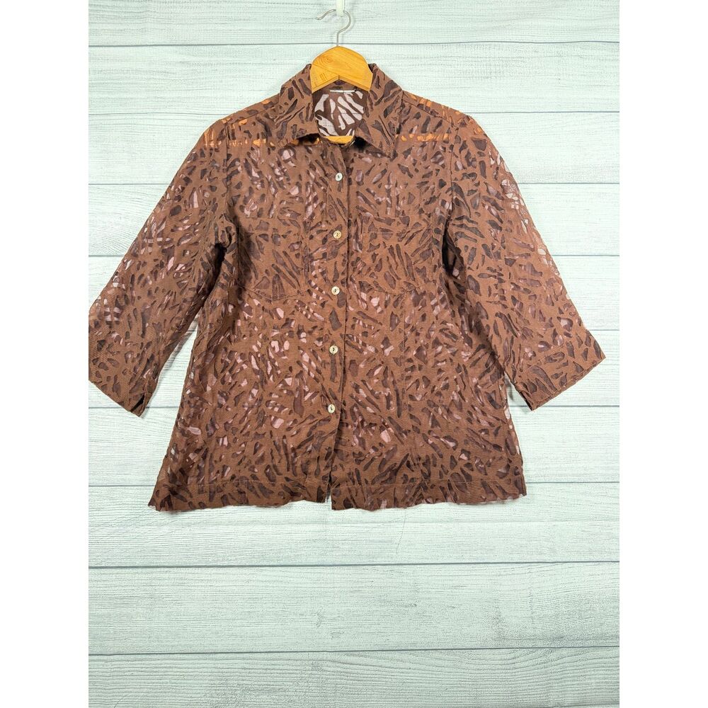 Womens Medium Brown Abstract Burnout Sheer Button Front 3/4 Sleeve Blouse 4098